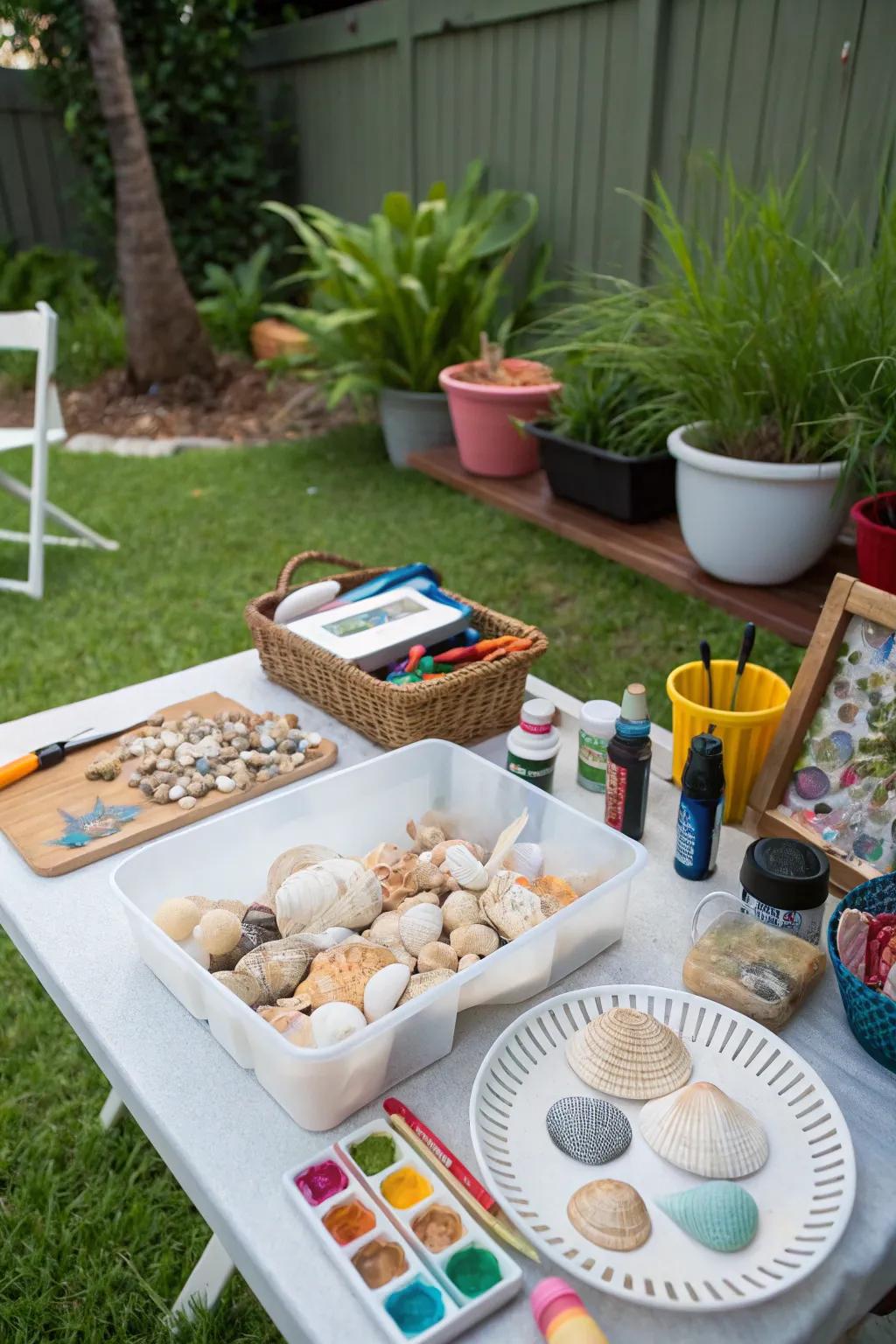 Invite creativity with a seashell crafts table for personalized keepsakes.