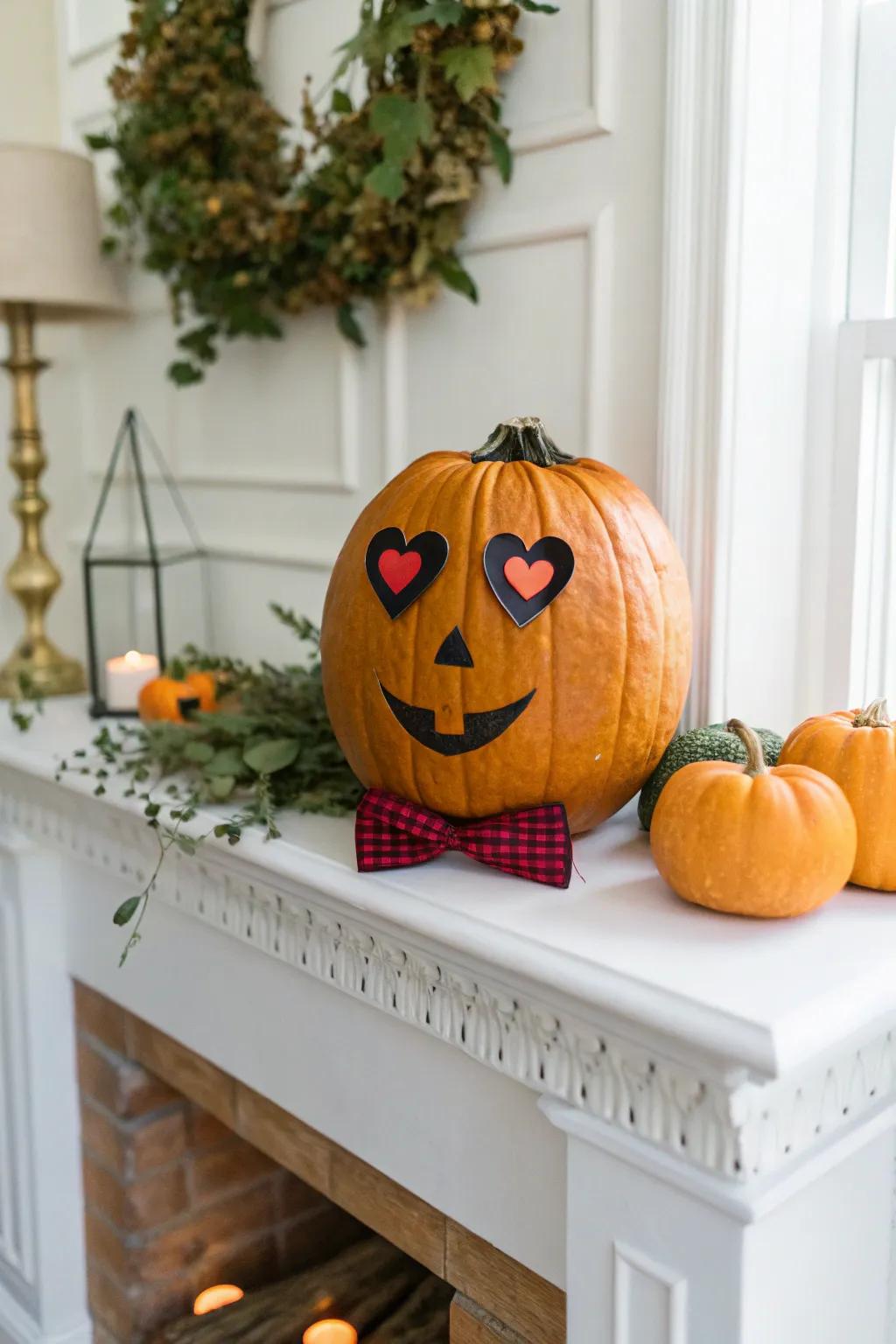 Dapper Heart Eyes Pumpkin with Bow Tie on a Mantel