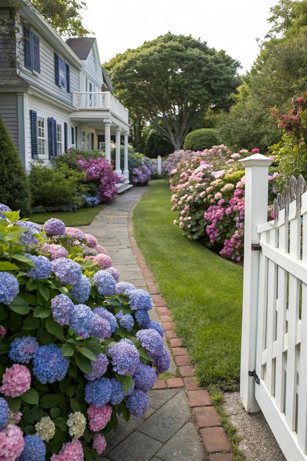 Charming hydrangea hedges adding summer color and romance.