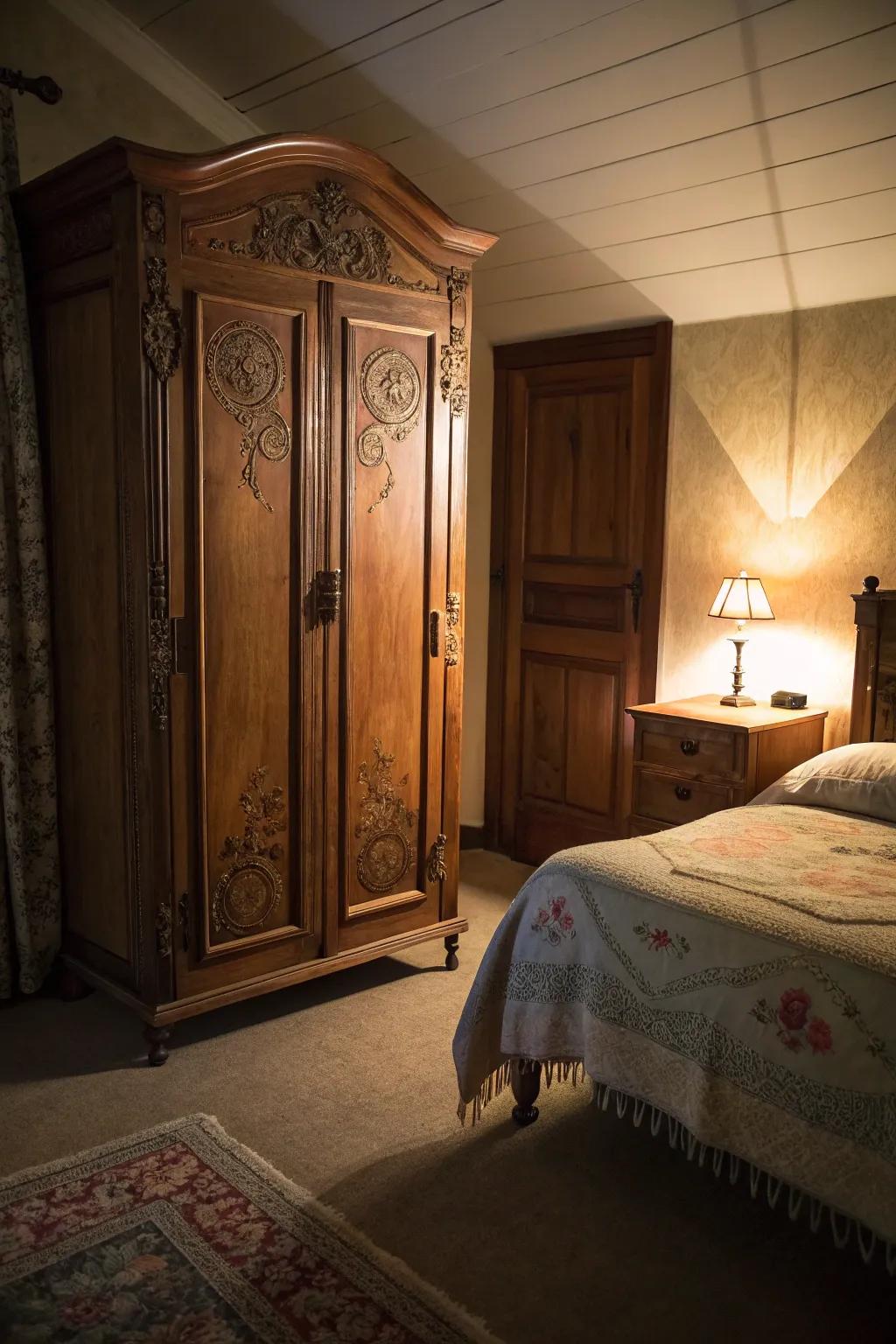 A vintage wardrobe concealing a secret passage