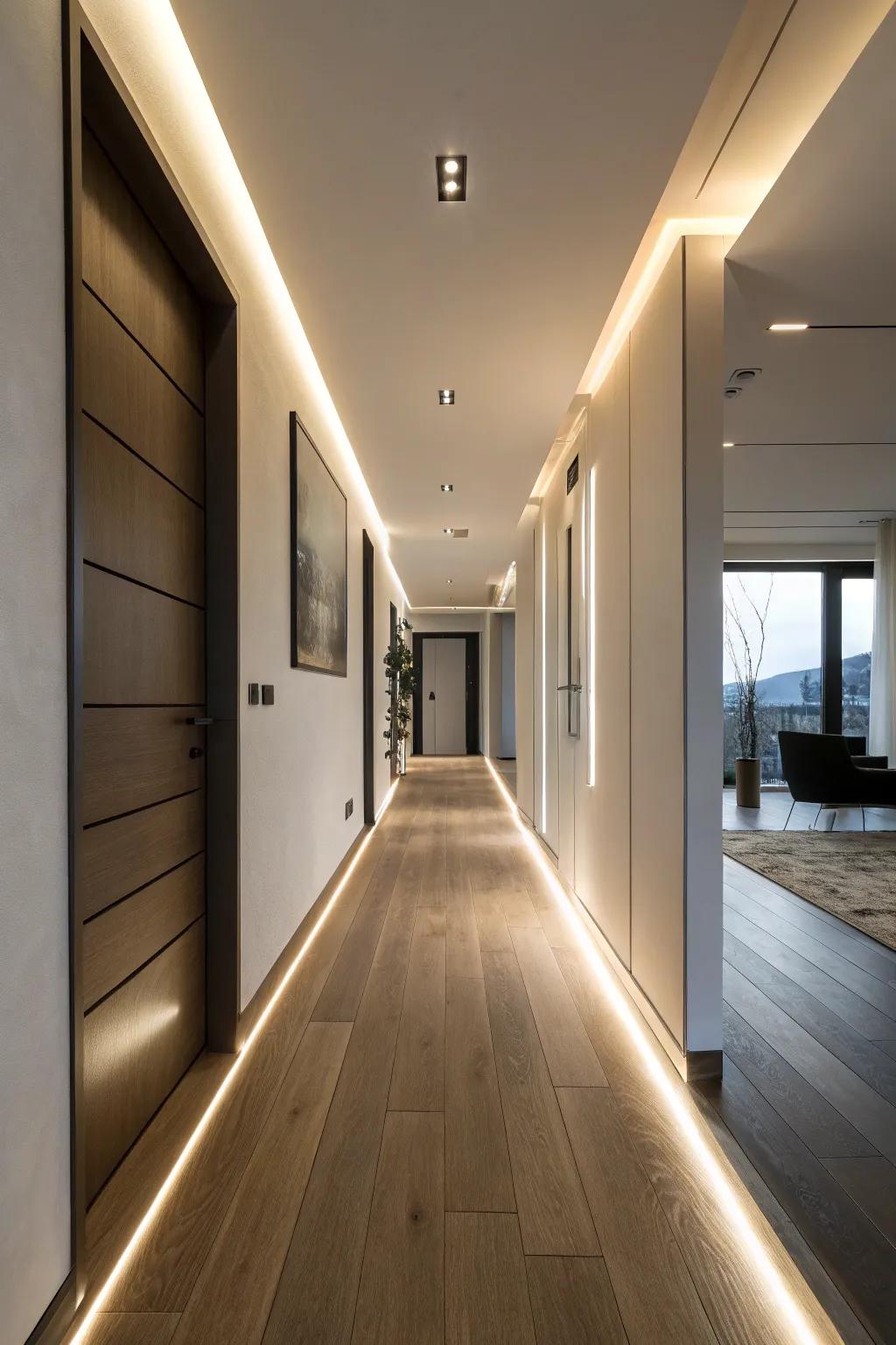 A hallway with floorboard LED lighting creating an elegant path.