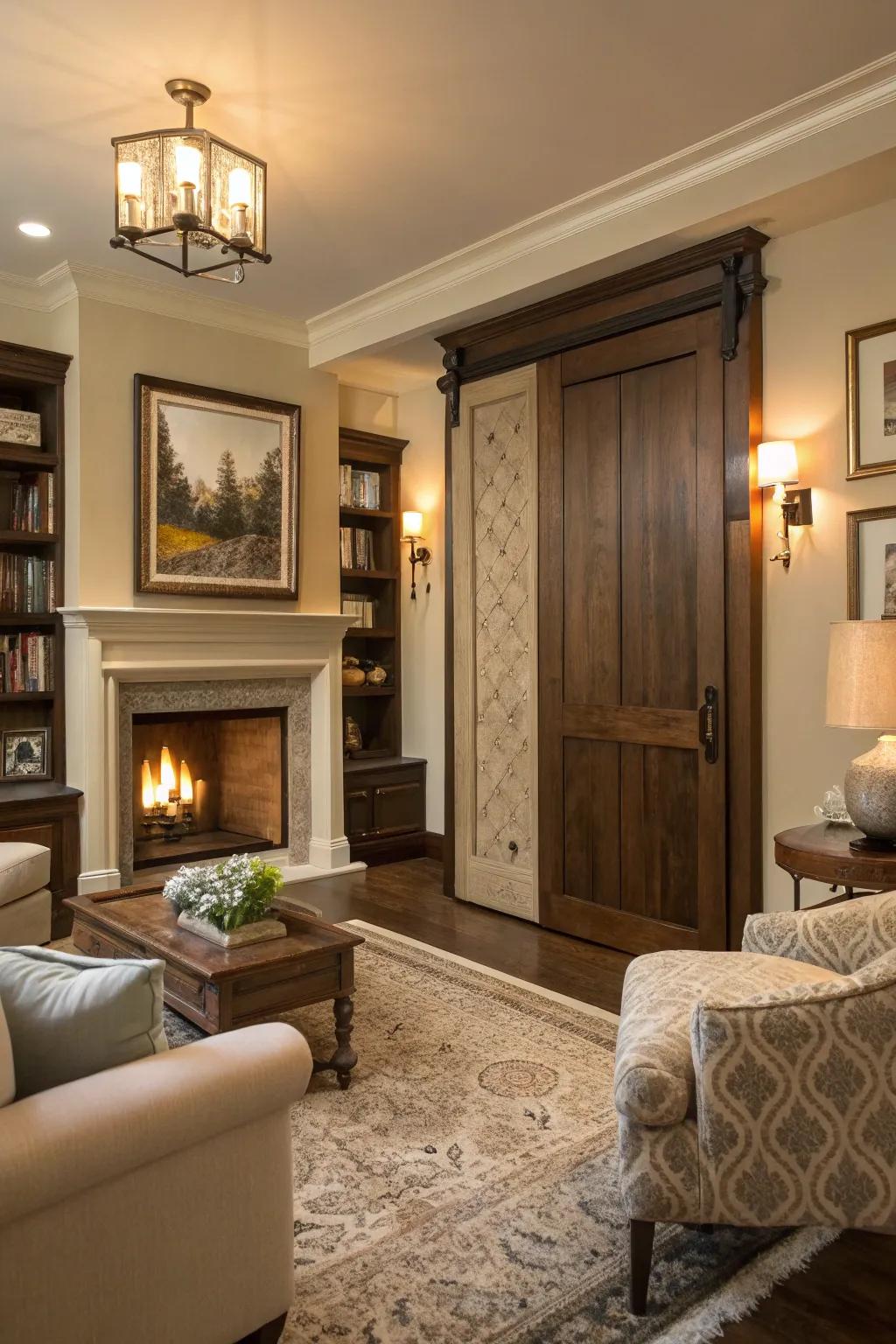 A hidden pocket door discreetly tucked behind the fireplace.