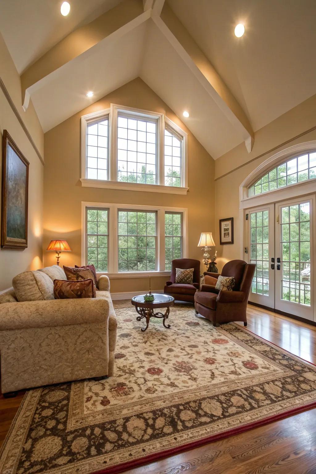 Area rugs define spaces and add warmth to high-ceilinged living rooms.