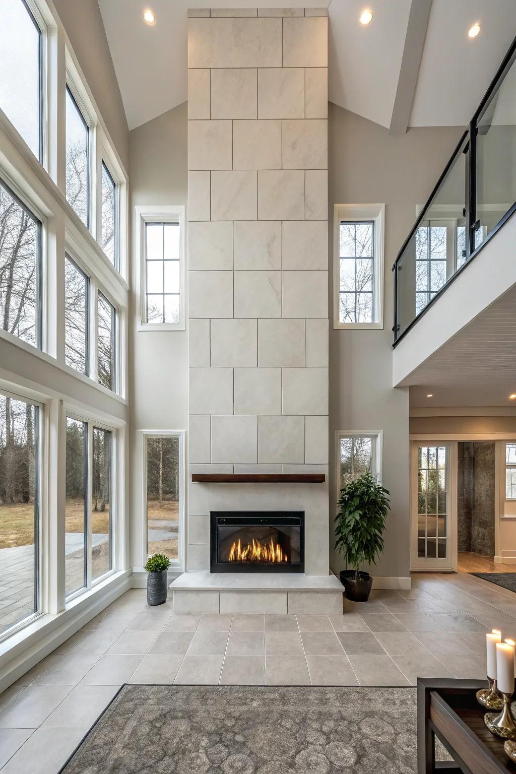 Oversized tiles creating a bold and seamless look on a high-ceiling fireplace.