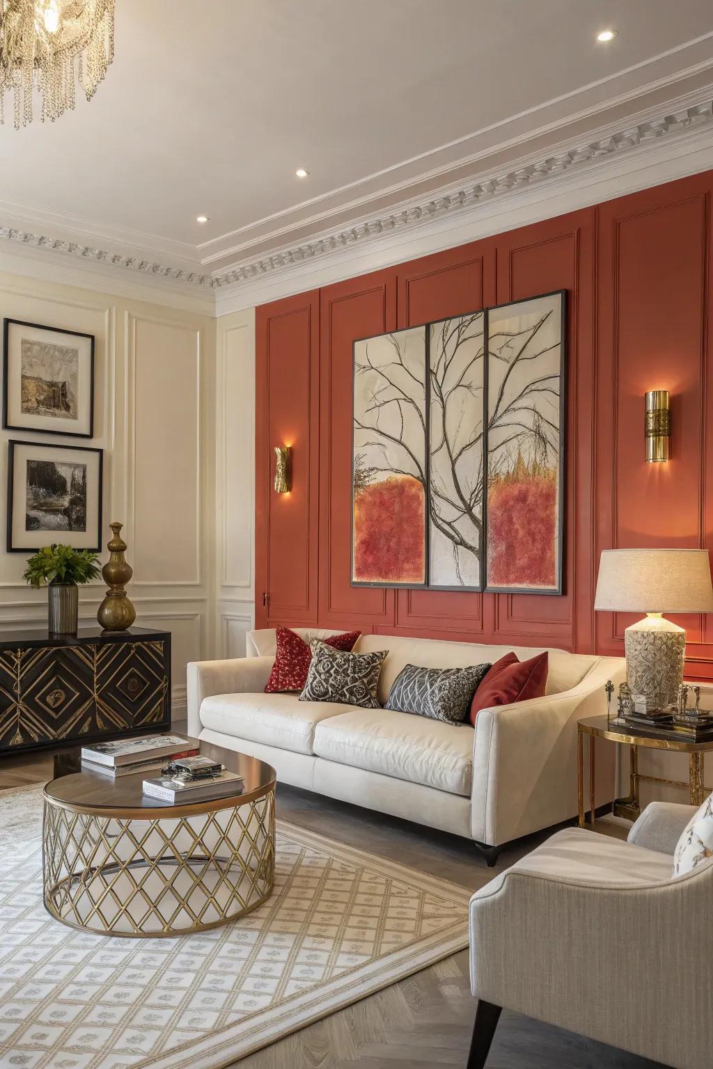 Feature walls painted in bold colors create a focal point in rooms with high ceilings.