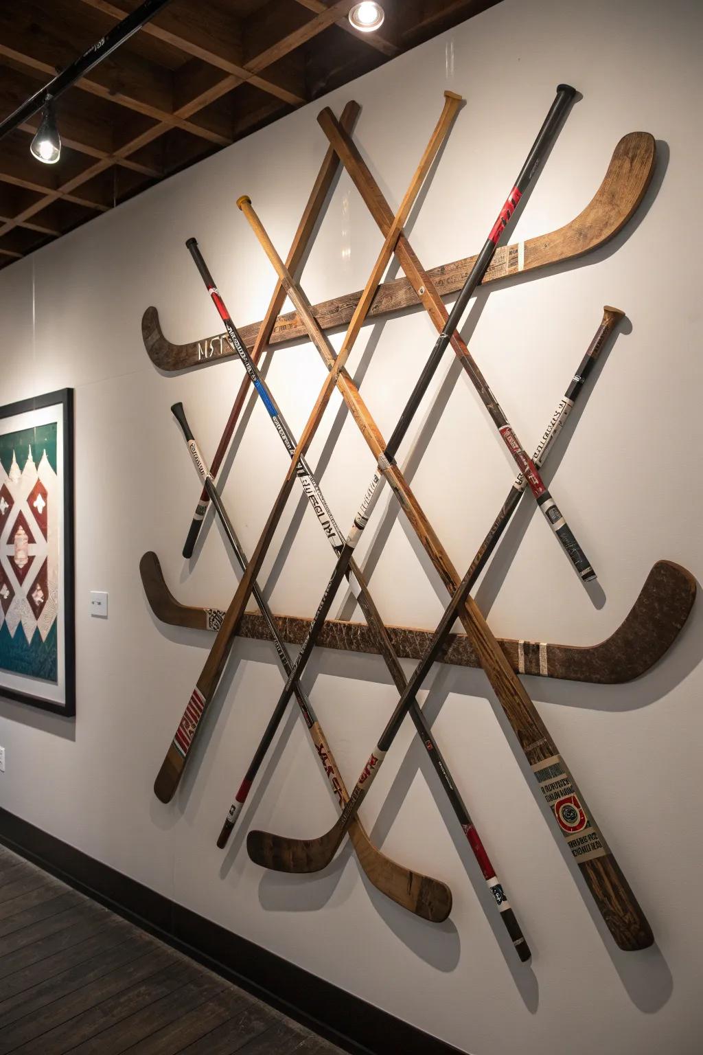Transform your walls with the rugged elegance of hockey stick artistry.