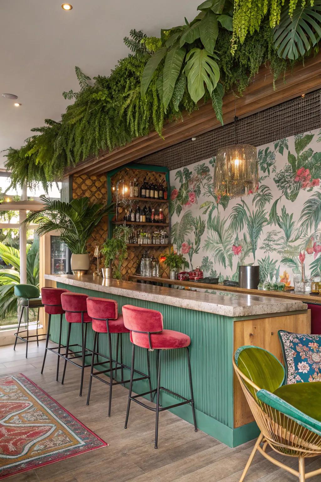 Tropical vibes create a lively and inviting atmosphere in your home bar.