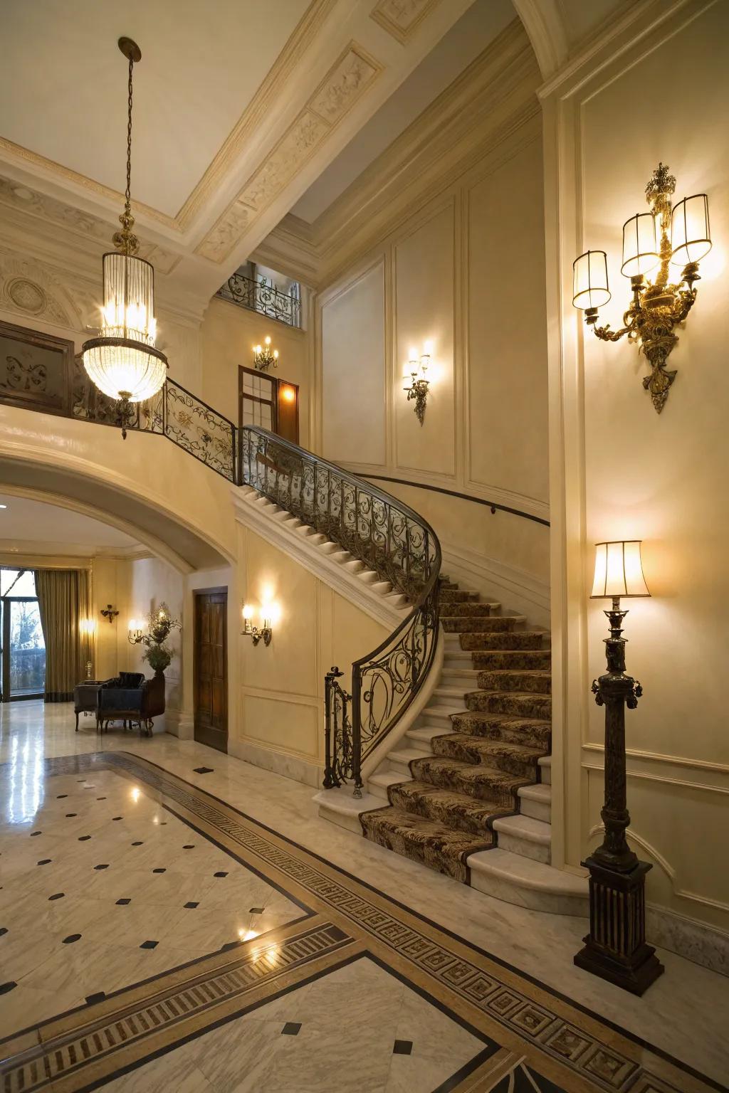 A foyer enhanced by the elegant touch of wall sconces.