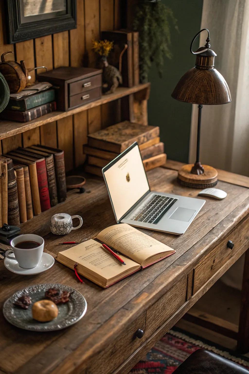 A rustic desk adds warmth and coziness to your workspace.