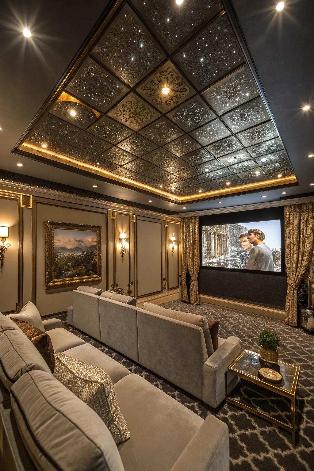 Mirrored panels add a glamorous touch to your home theater.