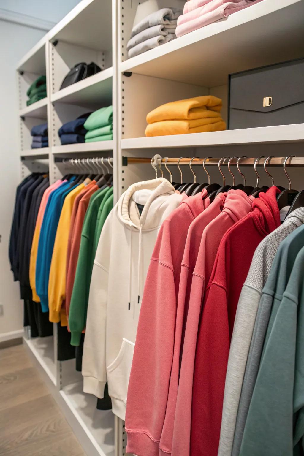 Pull-out racks provide convenient and space-saving storage for hoodies.