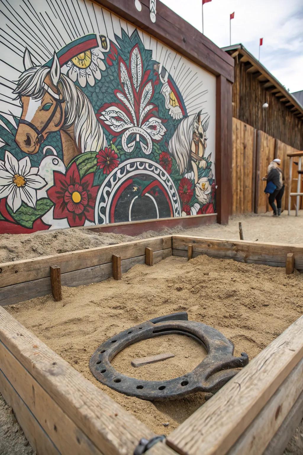 Transform your horseshoe pit with a striking artistic mural backdrop, where craftsmanship meets creativity.