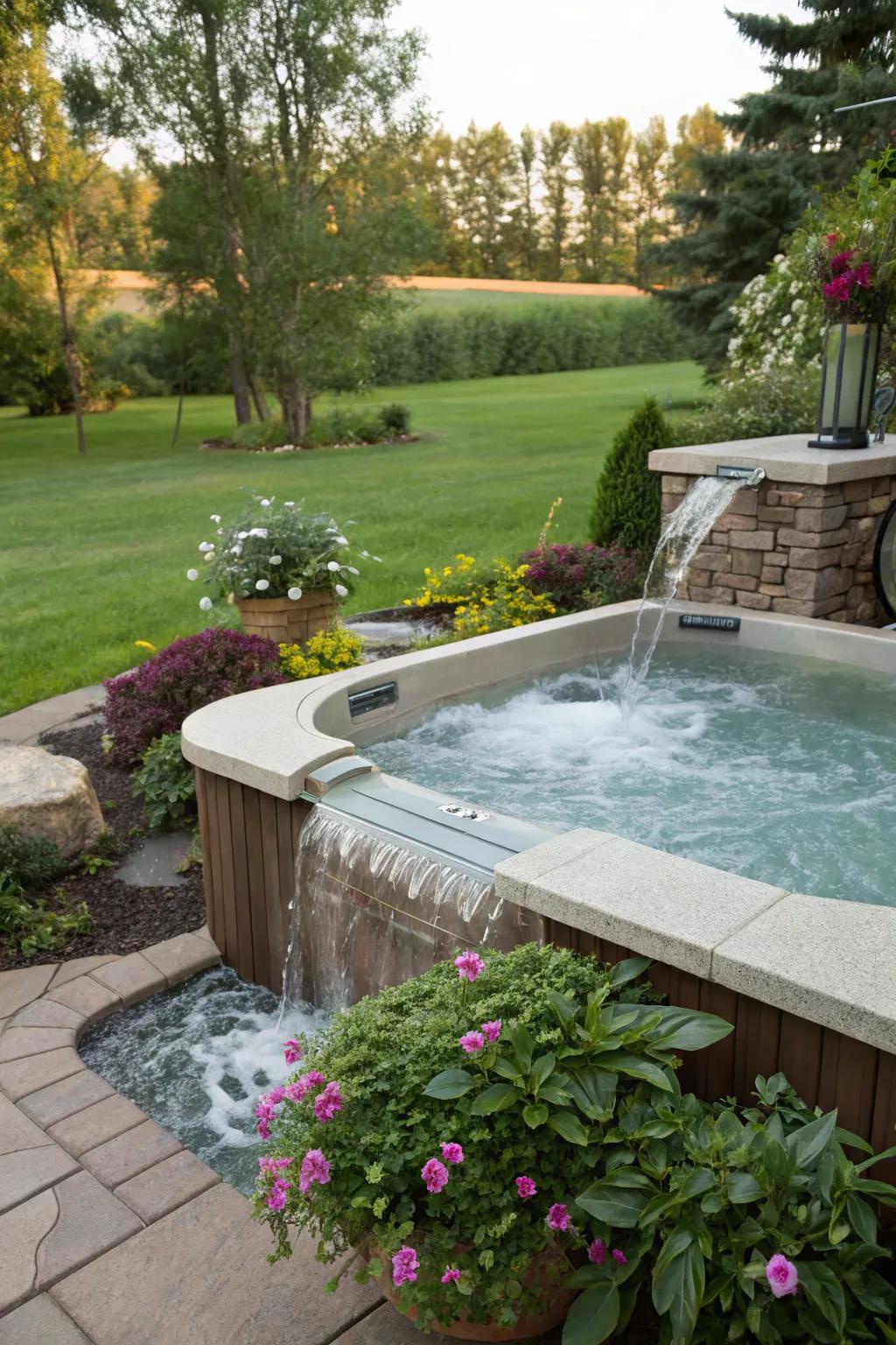 A waterfall adds elegance and a soothing sound to your hot tub area.