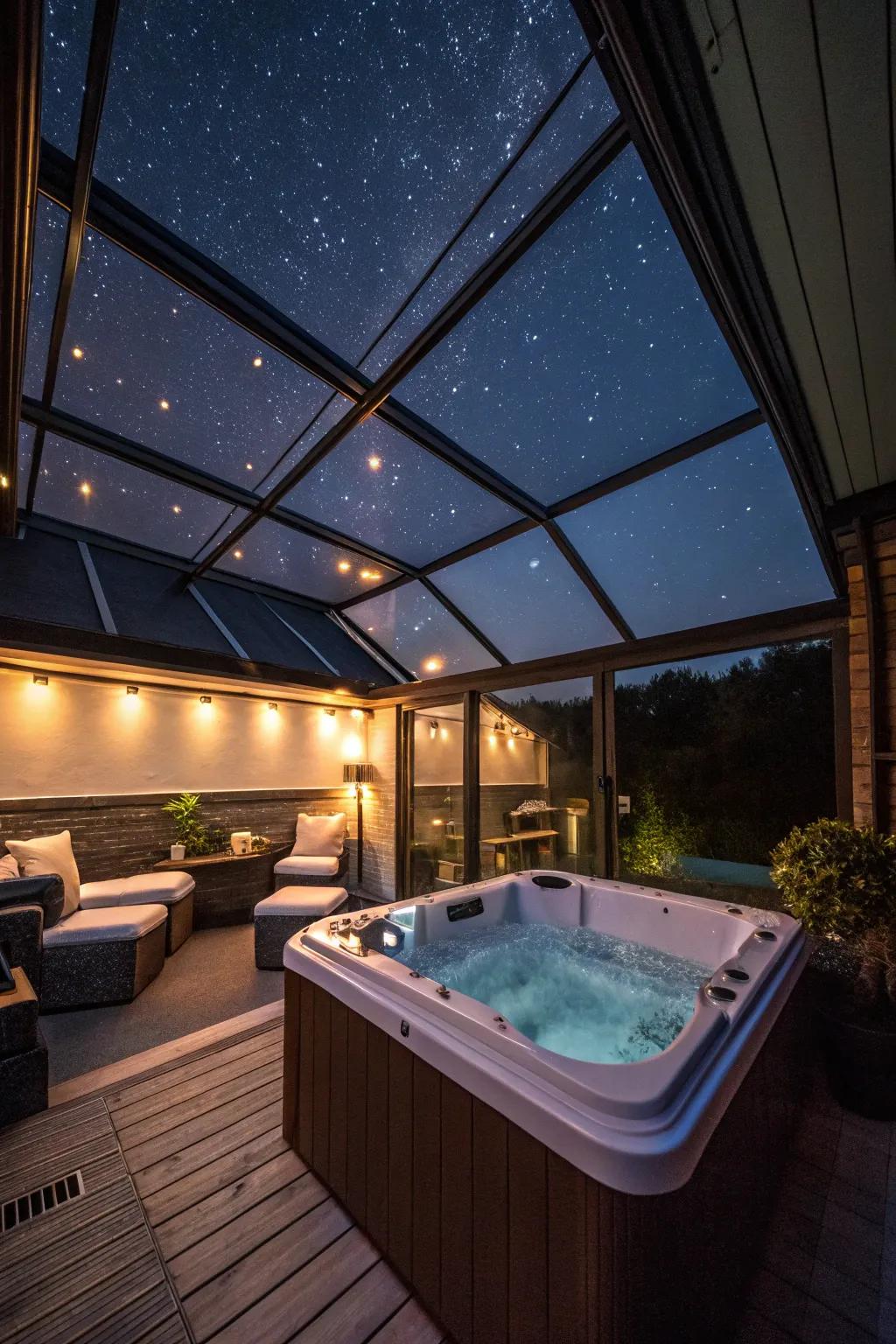 A luxurious hot tub room featuring a retractable roof for stargazing.