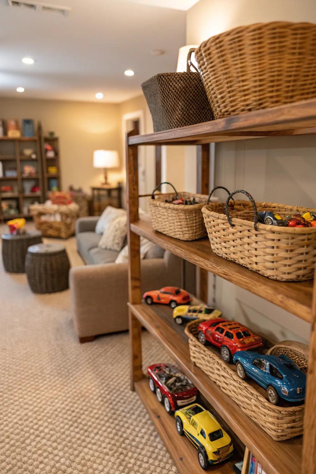 Decorative baskets offer stylish Hot Wheels storage.