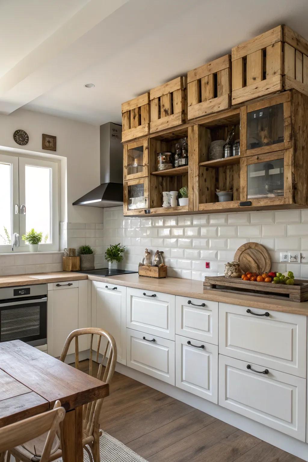 Wooden crates add depth and rustic charm above kitchen cabinets.