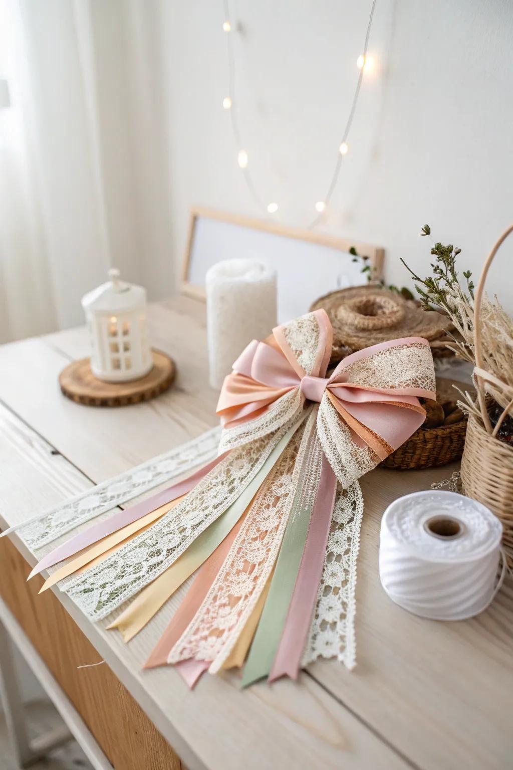 Elevate your gift wrapping with this stunning mixed material bow, blending ribbons, lace, and twine for a truly unique look.
