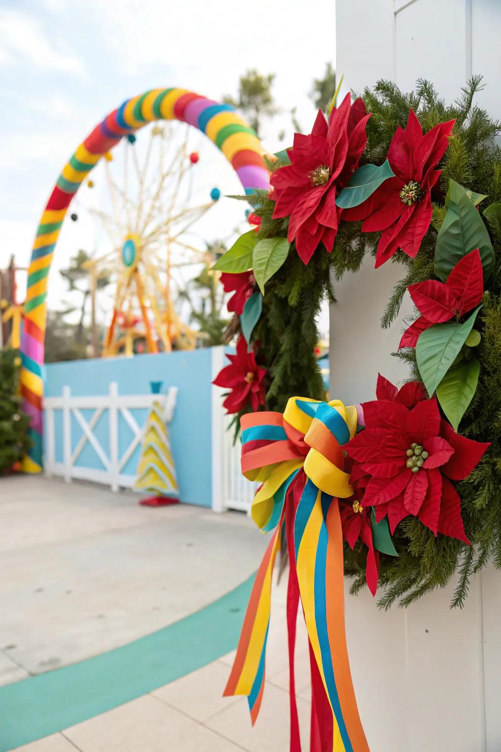 A whimsical poinsettia wreath with vibrant ribbons.