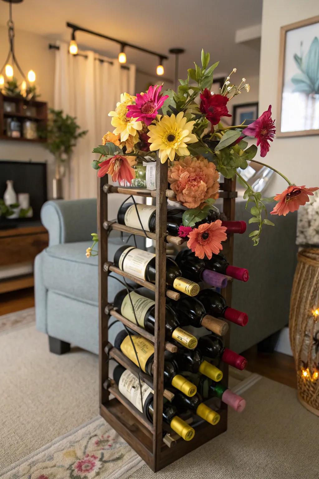 A creative use for an old wine rack: stylish storage for faux flowers.