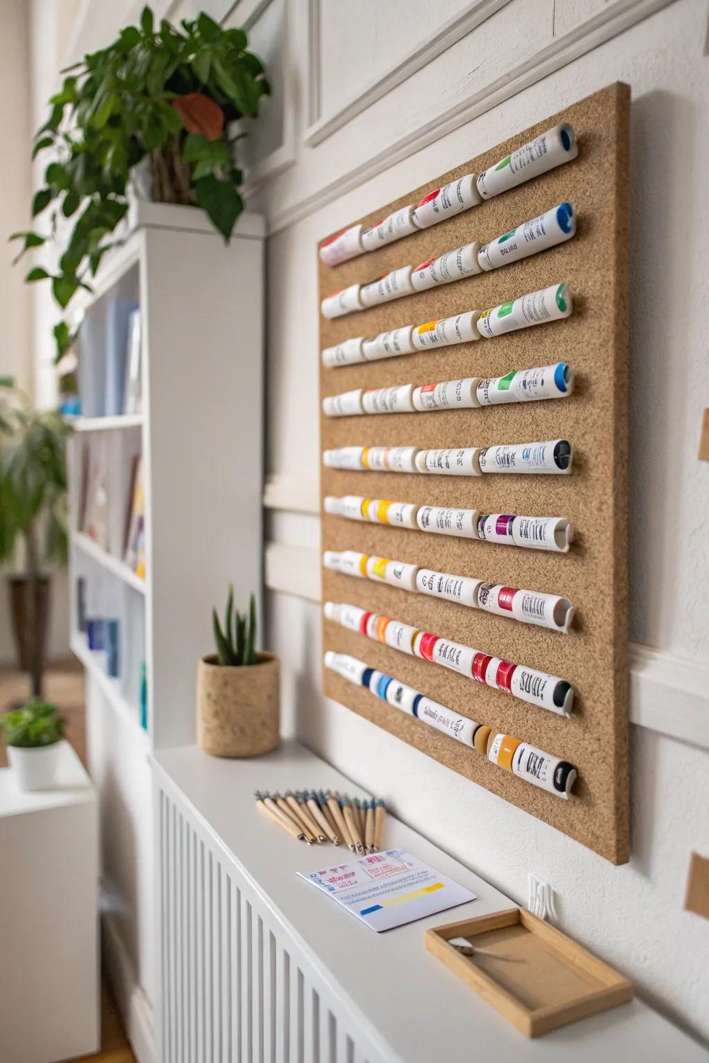 Creative Simplicity: Elevate your art space with a chic paint tube display.