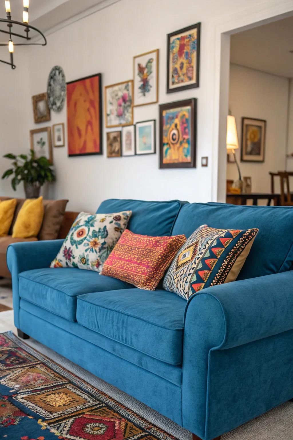 Art with complementary colors ties the room together with the blue couch.