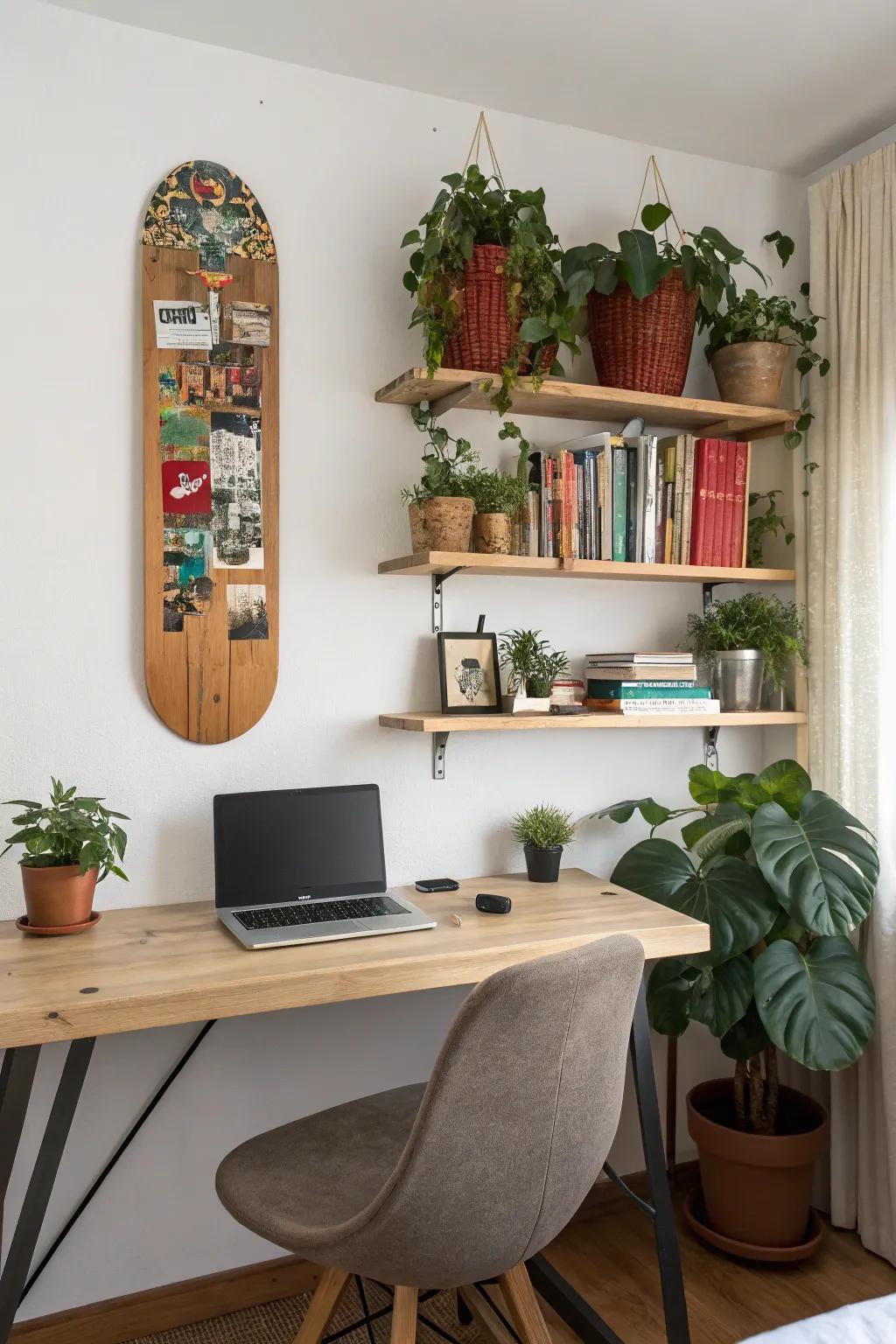 Turn a skateboard deck into a stylish wall shelf.