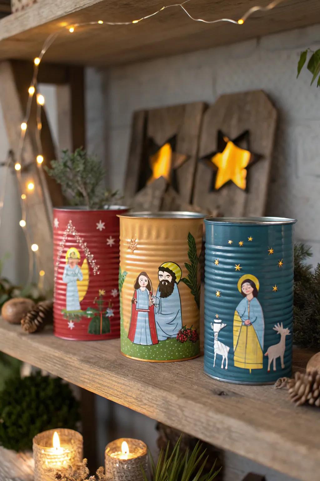 Upcycled tin cans create a unique and eco-friendly nativity scene.