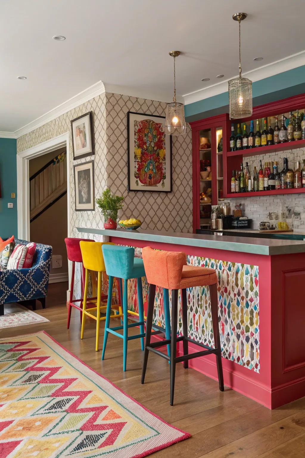 Bold color accents invigorate the home bar setup.