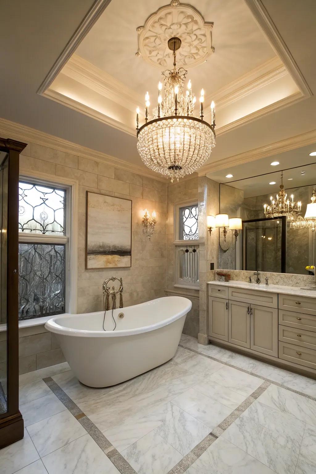 Luxurious lighting fixtures add glamour and sophistication to this master bathroom.