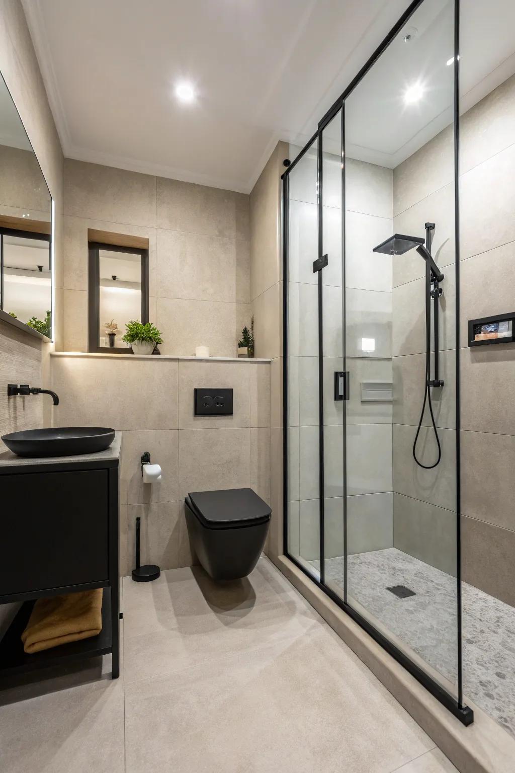 Glass elements balance the boldness of a black toilet in a modern setting.