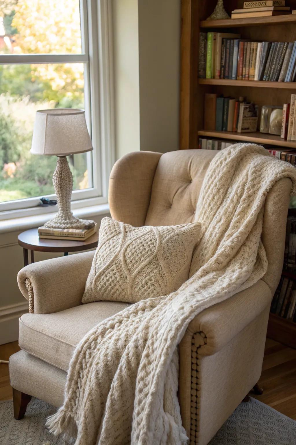 Soft textures in cushions and blankets enhance the comfort of a room.