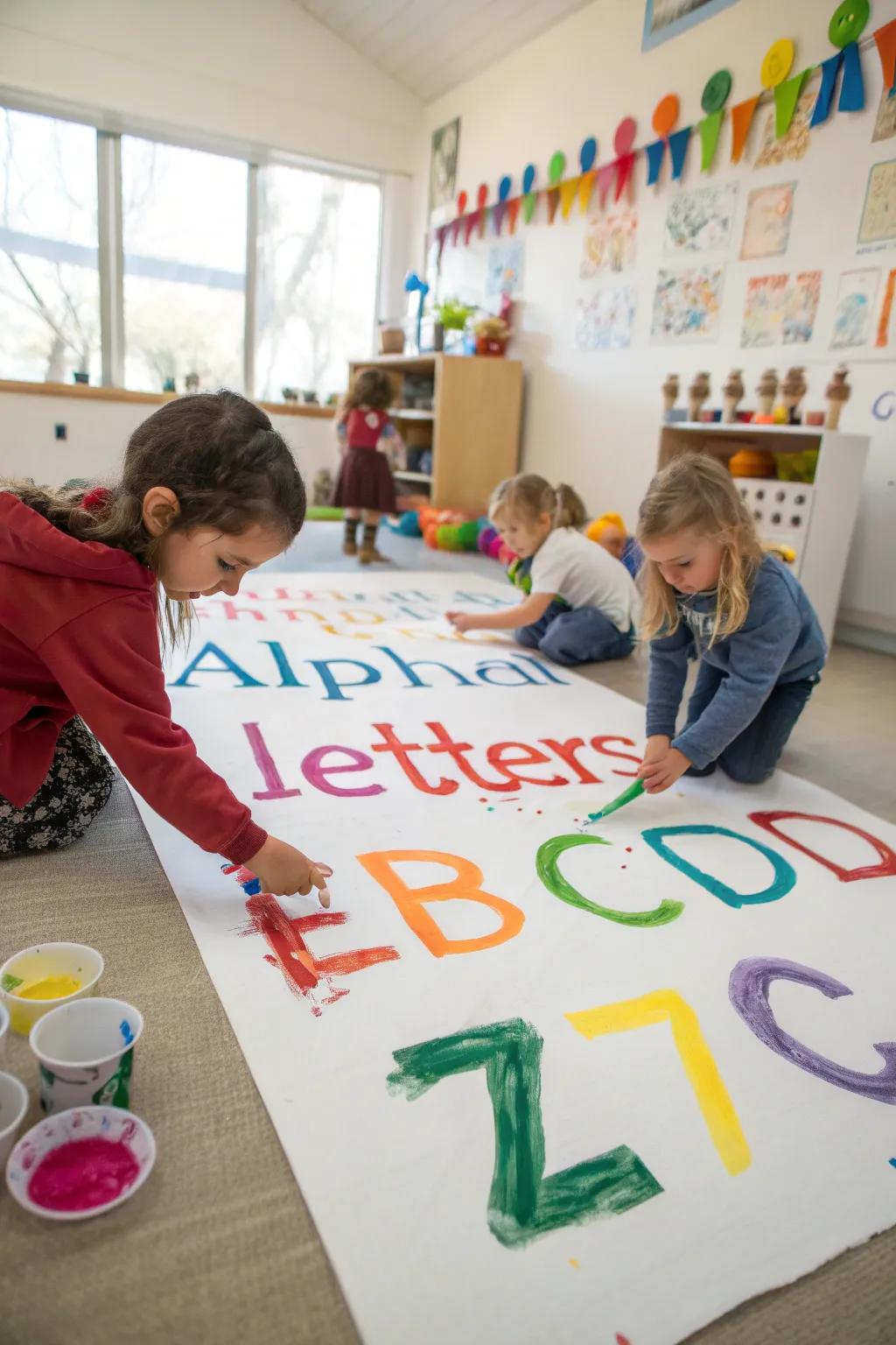 Exploring letters through colorful finger painting.