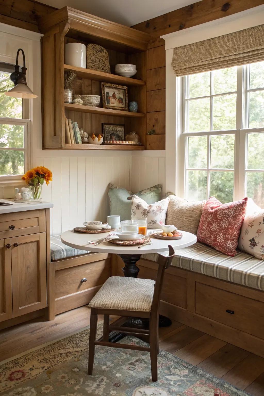 Create a cozy seating area with built-in banquette seating.