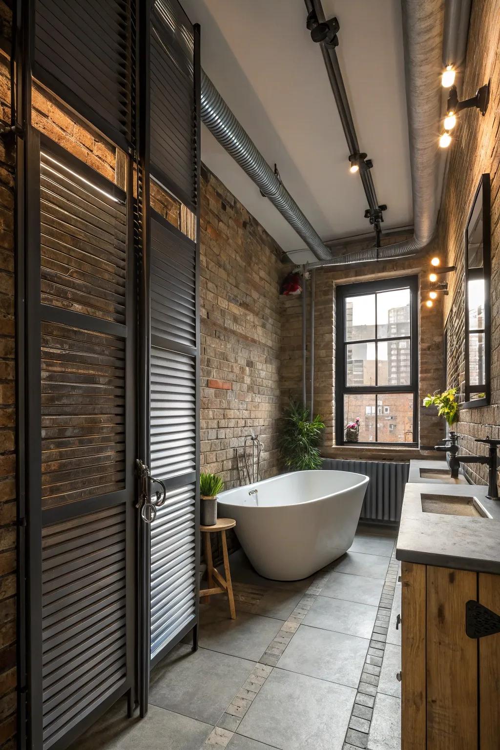 Industrial shutters enhance the architectural elements of a loft-style bathroom.