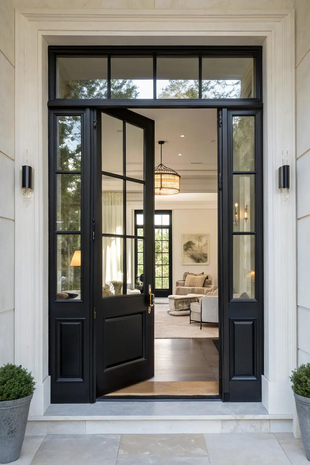 A glass-paneled black door that allows light to flow through.