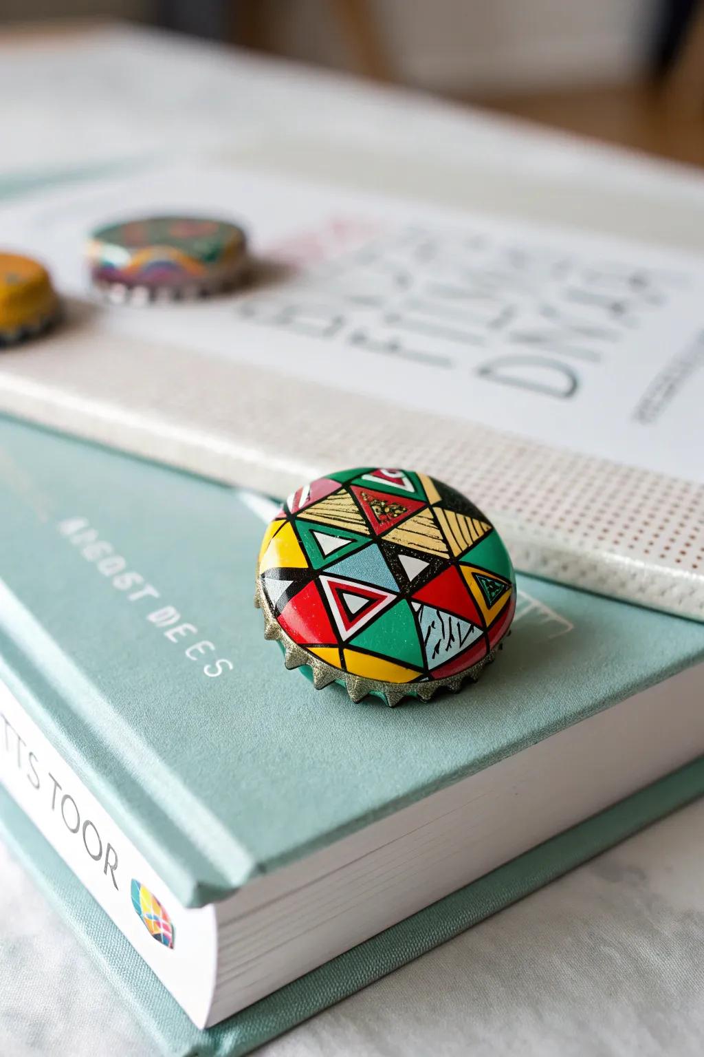 Geometric pattern bottle cap pins for a splash of color and style.