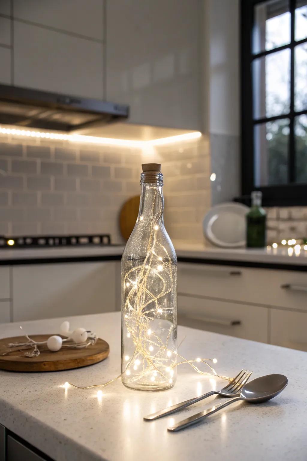 A minimalist elegant bottle lamp with clear lights.