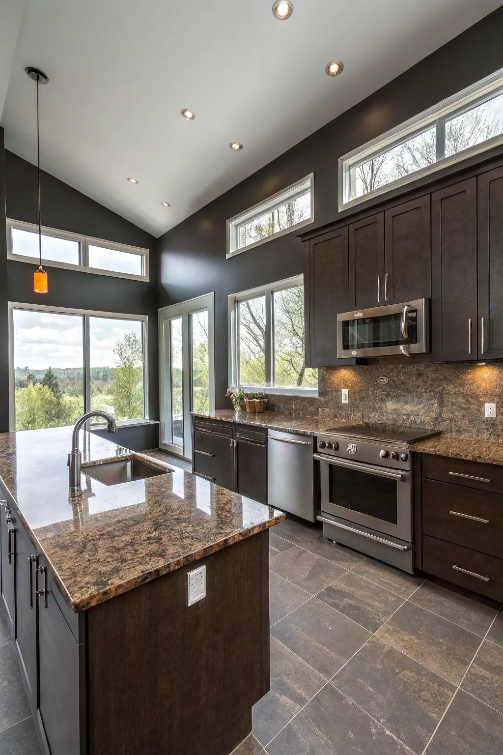 Charcoal walls give a modern edge to kitchens with brown granite.