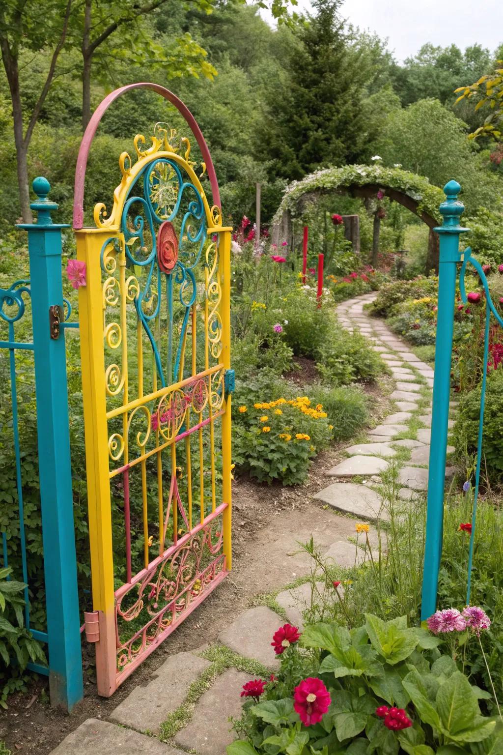 A colorful wire gate brings vibrancy and personality to your garden.