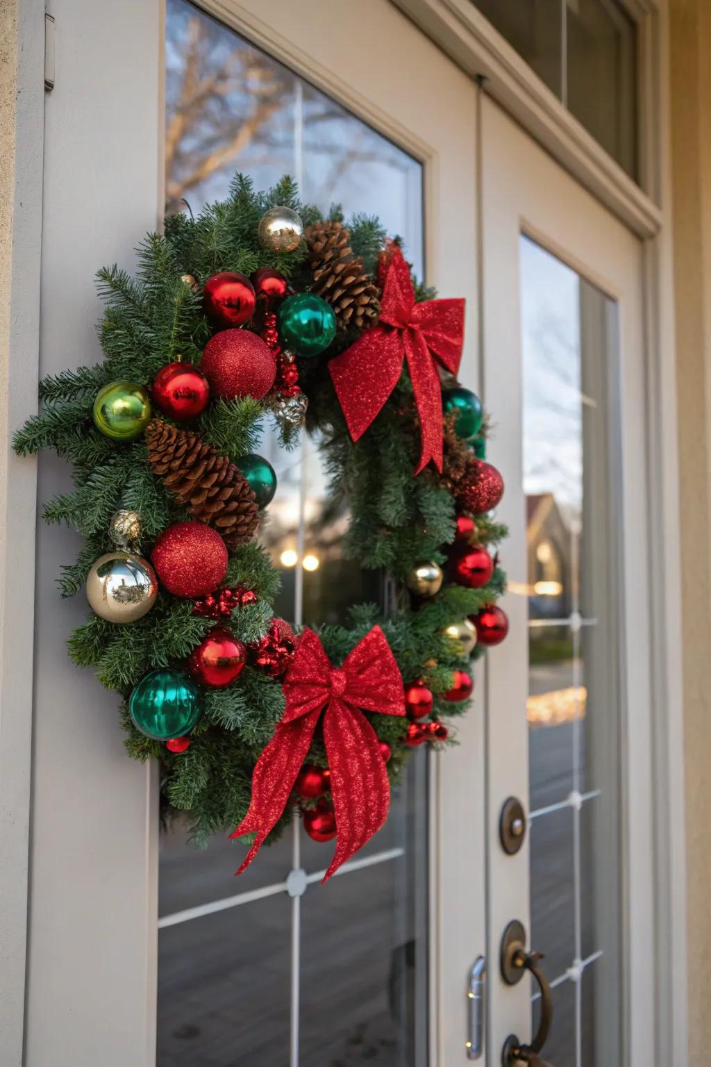 A vibrant wreath crafted from colorful ornaments.