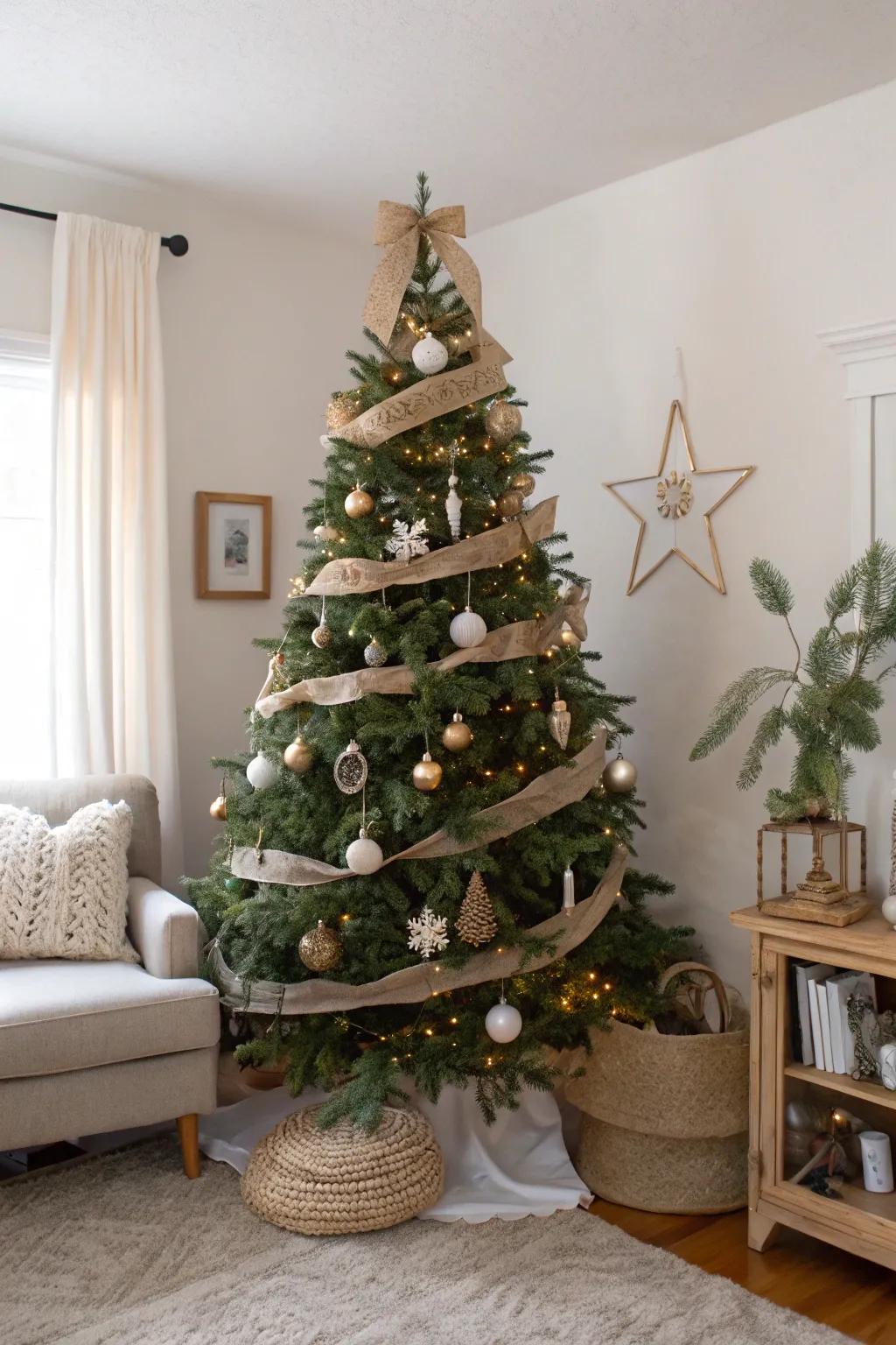 A simple Christmas tree adorned with natural linen ribbons, adding understated elegance to the decor.