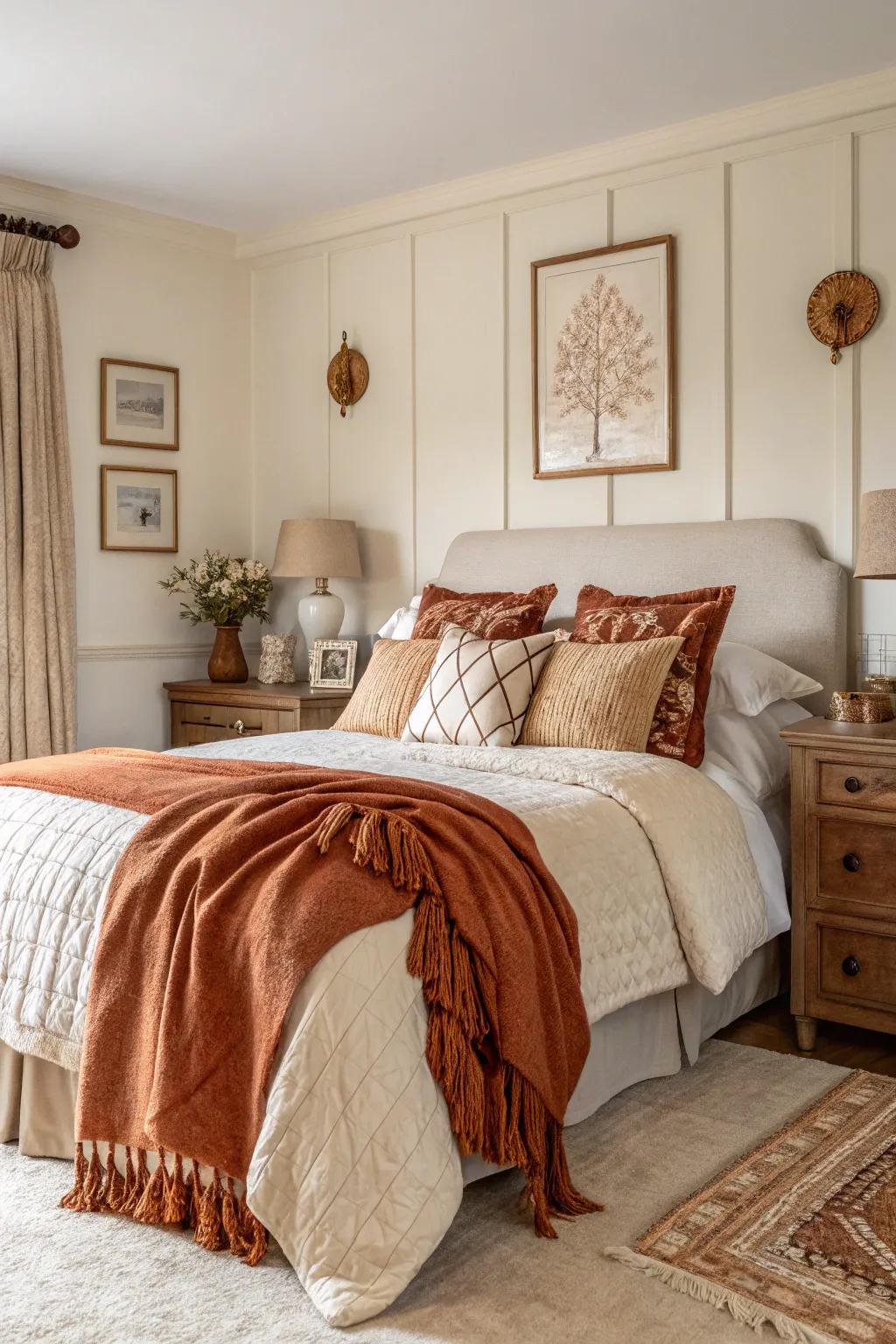 A serene bedroom with rust and cream accents.