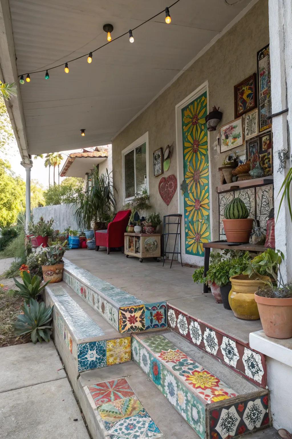 Decorative tiles add vibrant artistry to a porch.