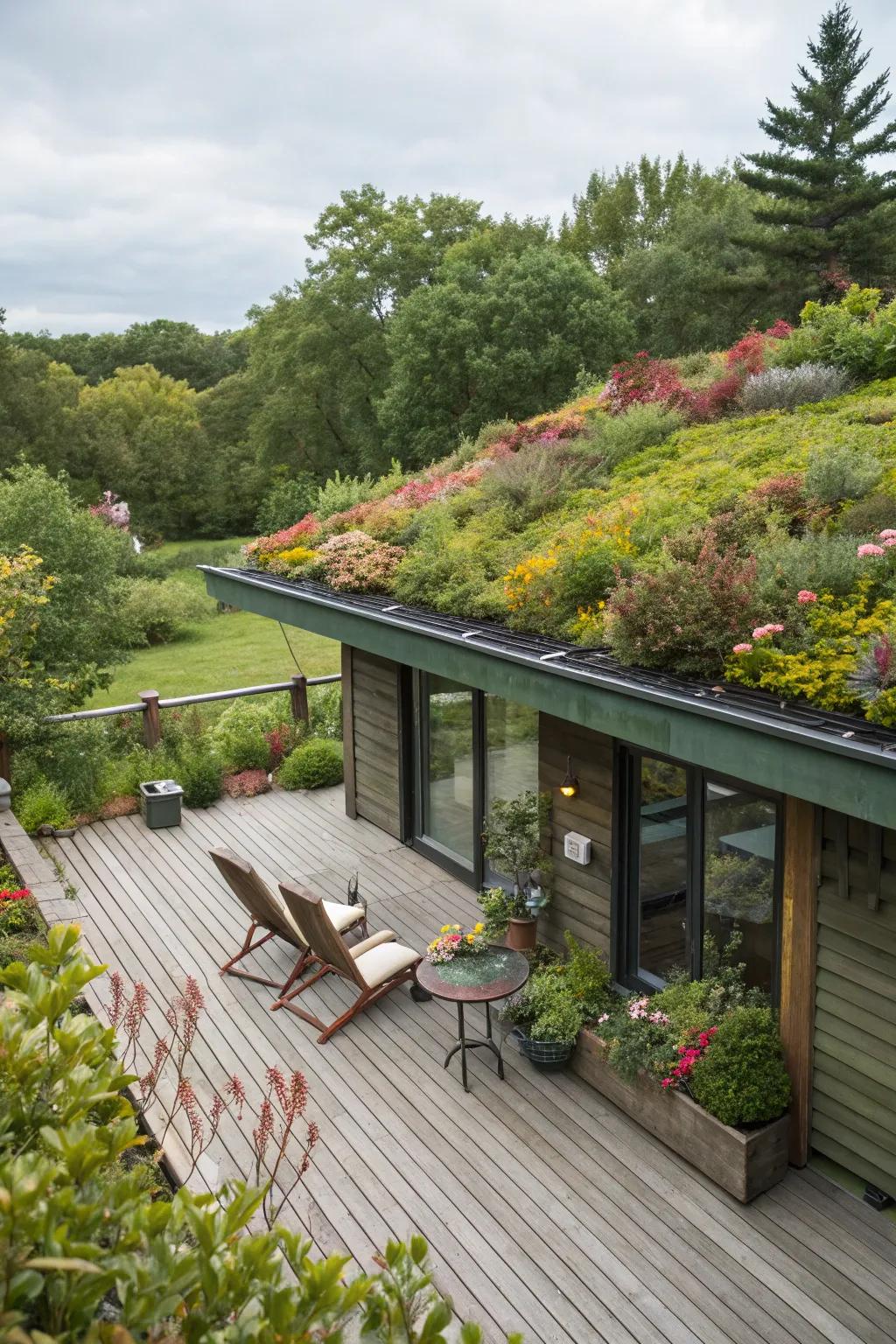 A green roof creates a living canopy, enhancing the eco-friendly appeal of this deck.