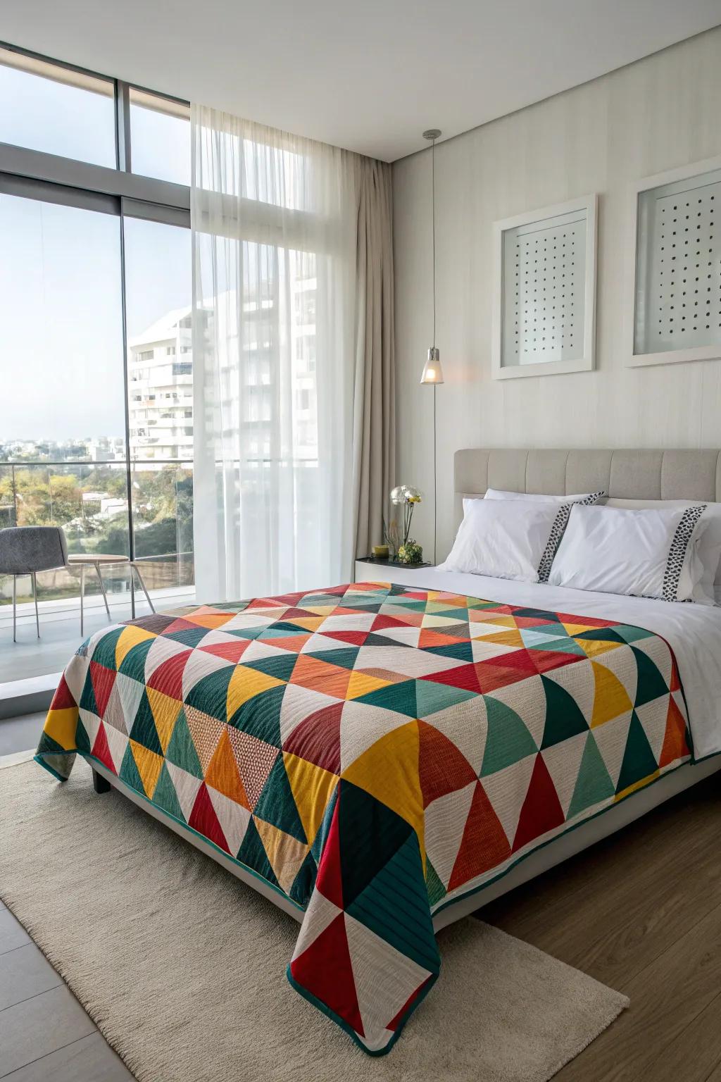 A geometric patterned bedspread adds a dynamic element to the modern bedroom.