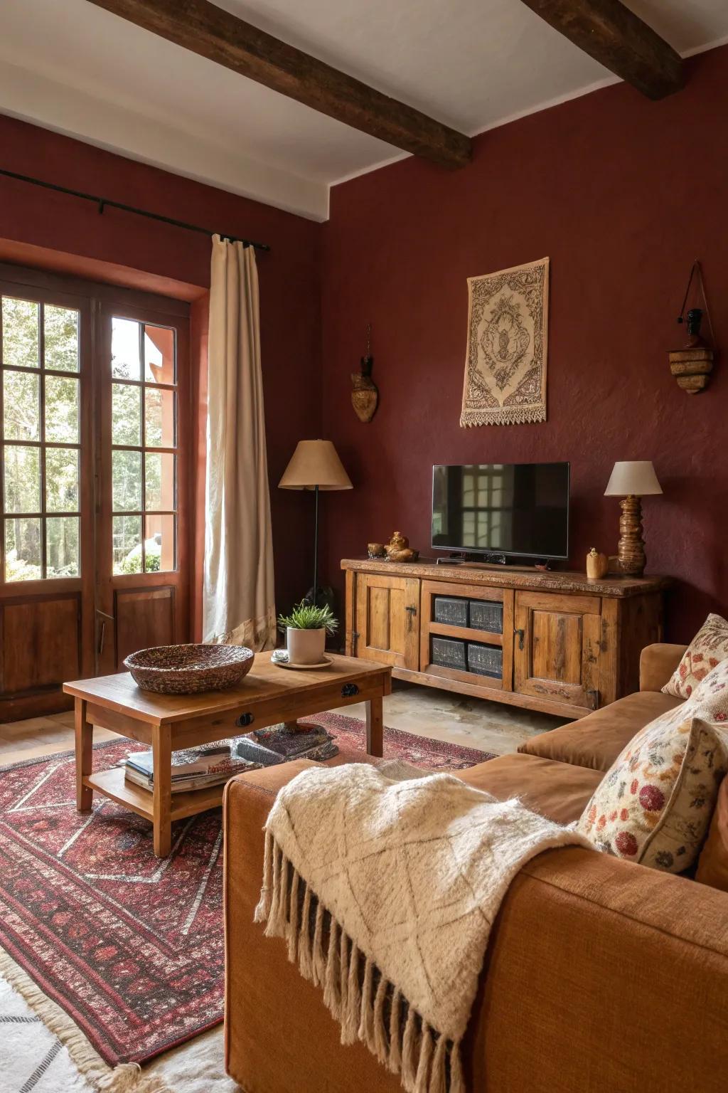 A warm living room with dark red walls and earthy tones.