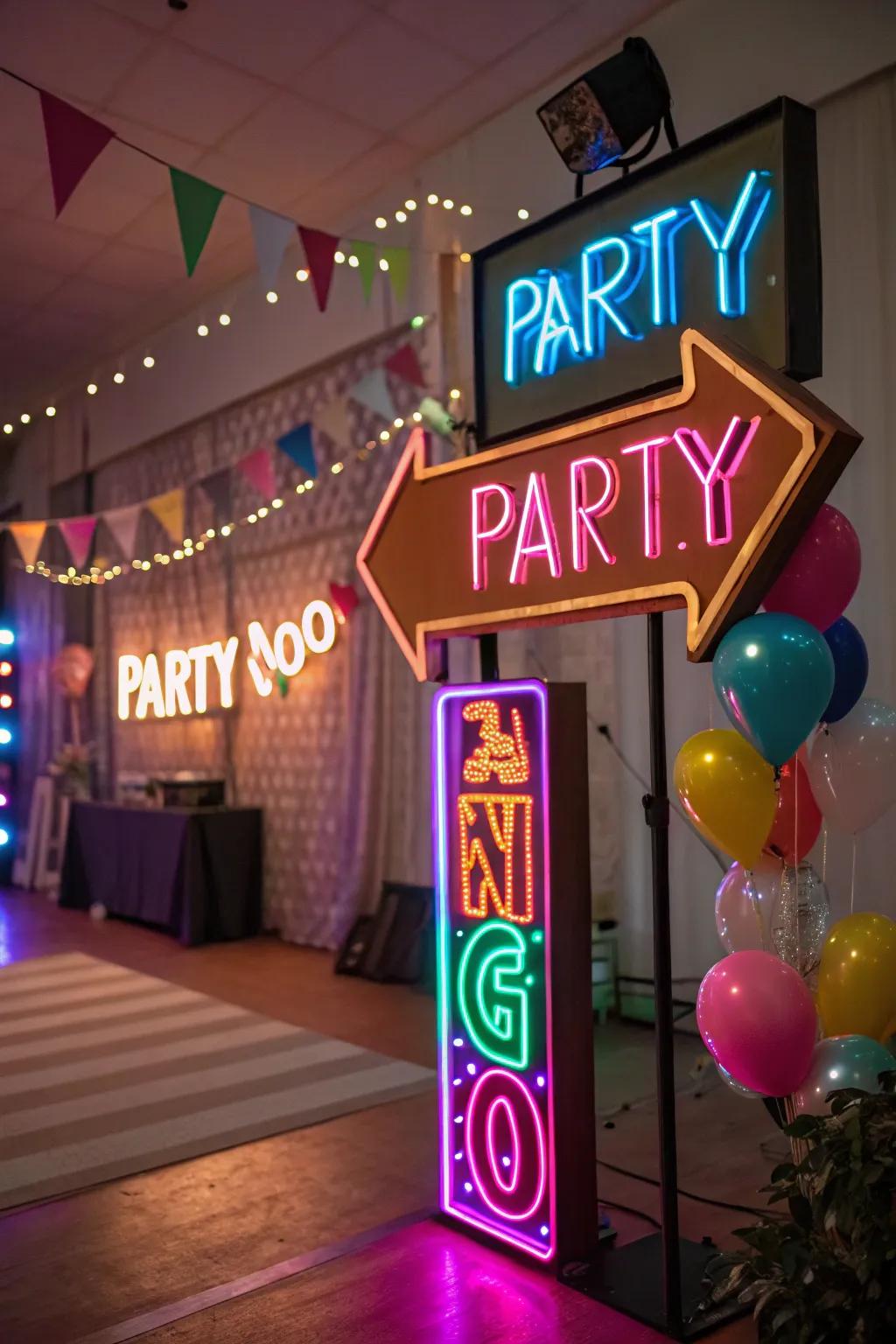 Retro neon signs add a vibrant touch.