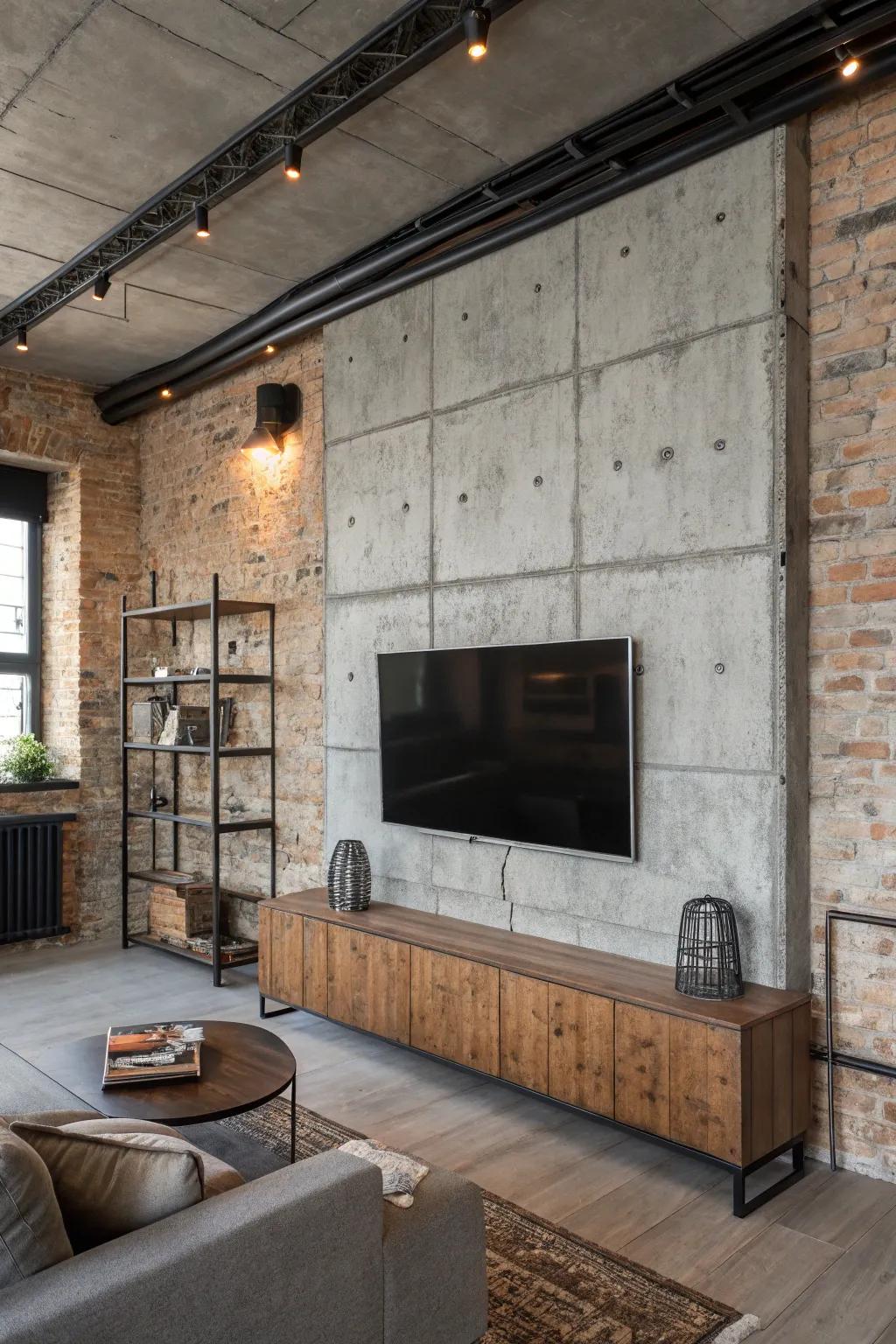 Textured concrete finish on a TV wall in an industrial-style living room.