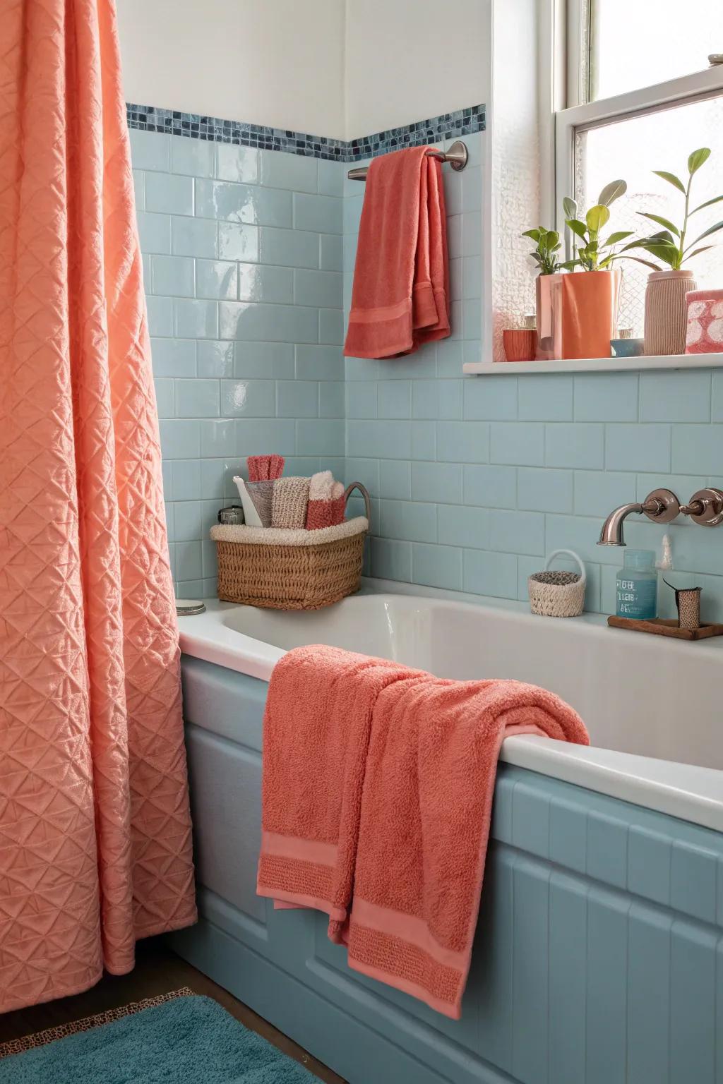 Complementary colors bring a lively contrast to the blue bathtub.