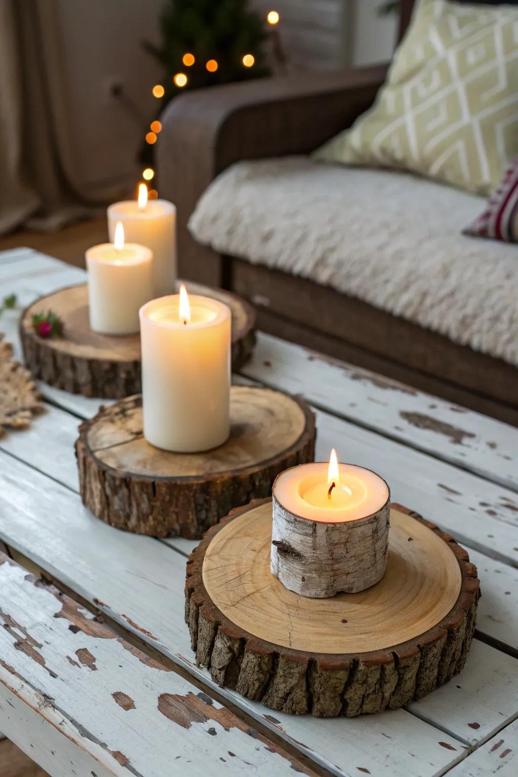 Candles paired with natural wood elements for a cozy feel.